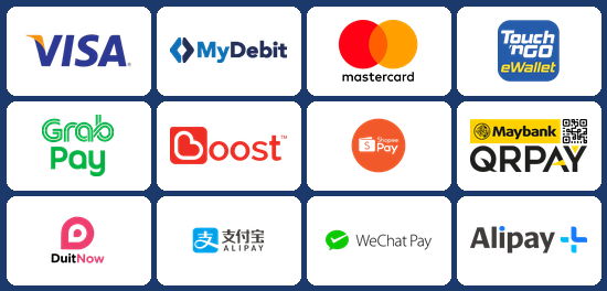 Accepted payment methods: Visa, MyDebit, Mastercard, Touch n Go, GrabPay, Boost, ShopeePay, Maybank QRPay, DuitNow, Alipay, WeChat Pay, Alipay+